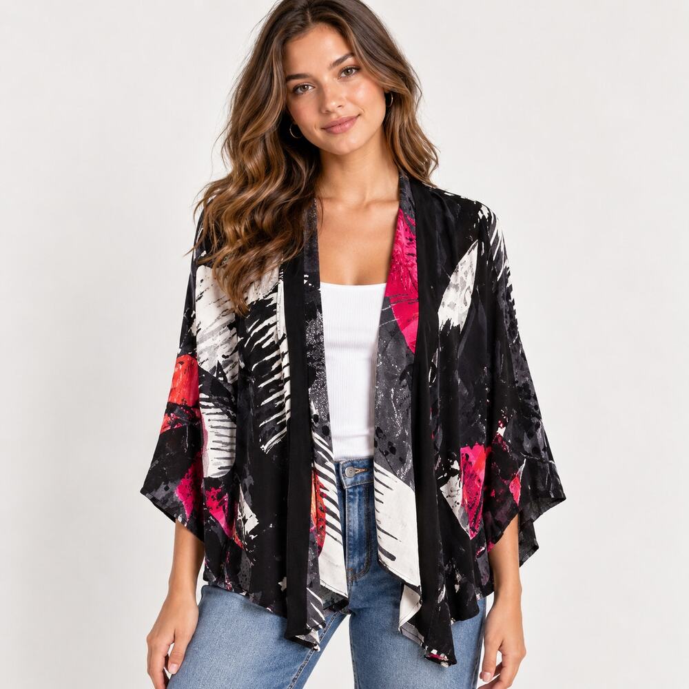 Talk of the Walk Silk Blend Kimono Cardigan Artsy Abstract Pattern Size M Casual